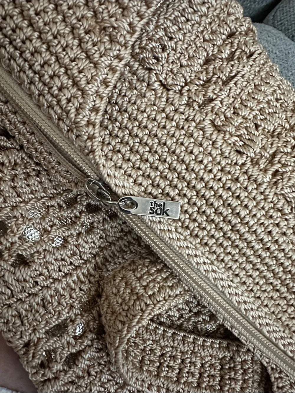 The Sak Tan Crochet Gold Underlay Tote Bag with Tassel Charm Like New